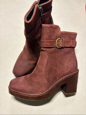Born Burgundy Suede Platform Ankle Boots with Buckle